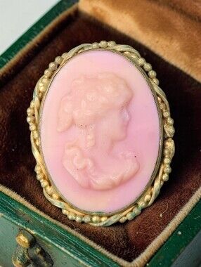 Antique Victorian Pink Molded Glass Cameo Brooch